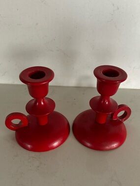Vintage Scandinavian Style Red Wooden Chamberstick Candlestick Pair